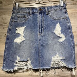 Hollister Ultra High Rise Denim Mini Skirt Jean Size 1/25 Distressed Cutoff Blue